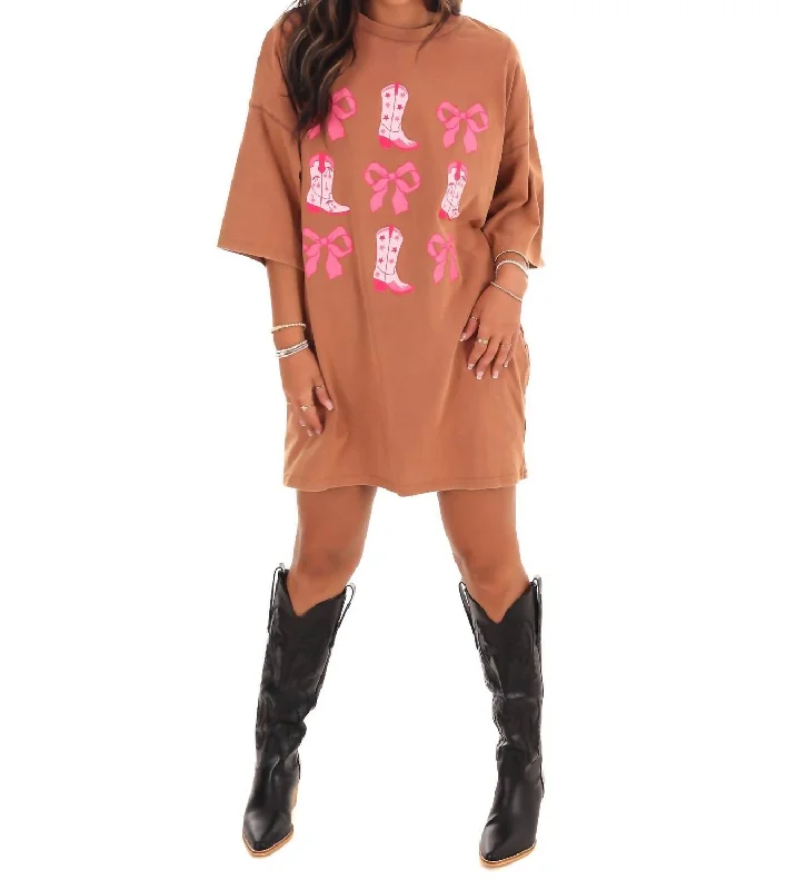 Washed Ribbon & Western Boots T-Shirt Dress In Brown