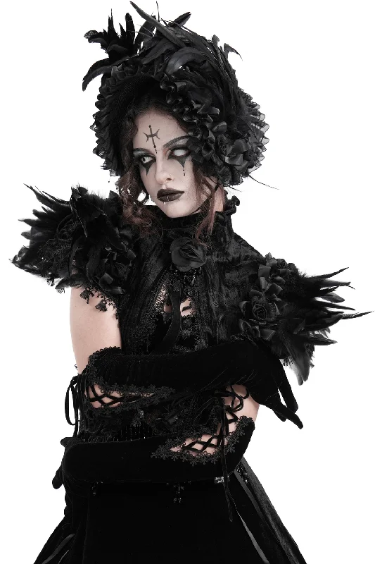 Gothic Feathered Cape with Lace Trims and Velvet Roses