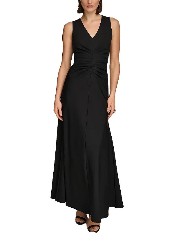 Womens Cascade Ruffle Sleeveless Evening Dress