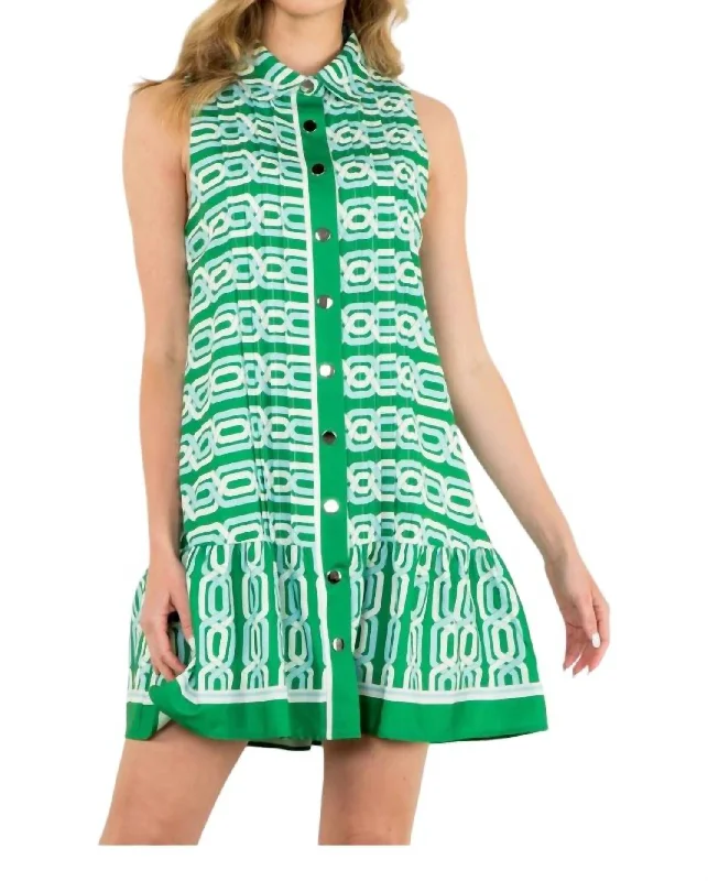 Sleeveless Print Pleat Dress In Green