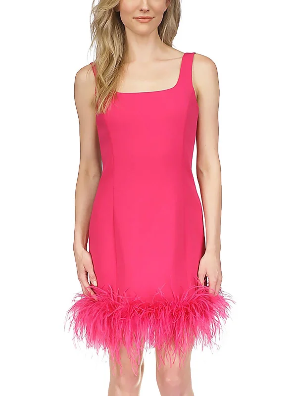 Womens Feather Trim Mini Cocktail And Party Dress