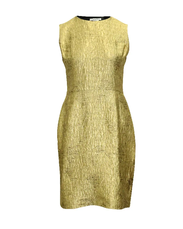 Oscar De La Renta Sleeveless Sheath Dress in Metallic Gold Viscose