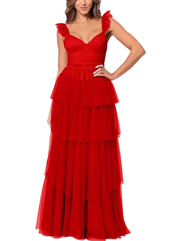 Juniors Womens Tiered Sleeveless Evening Dress