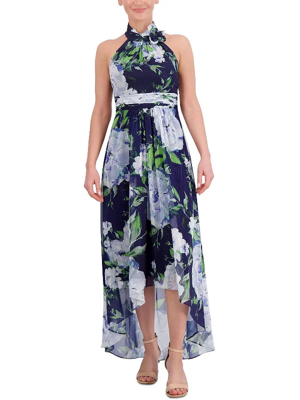 Womens Floral Metallic Halter Dress