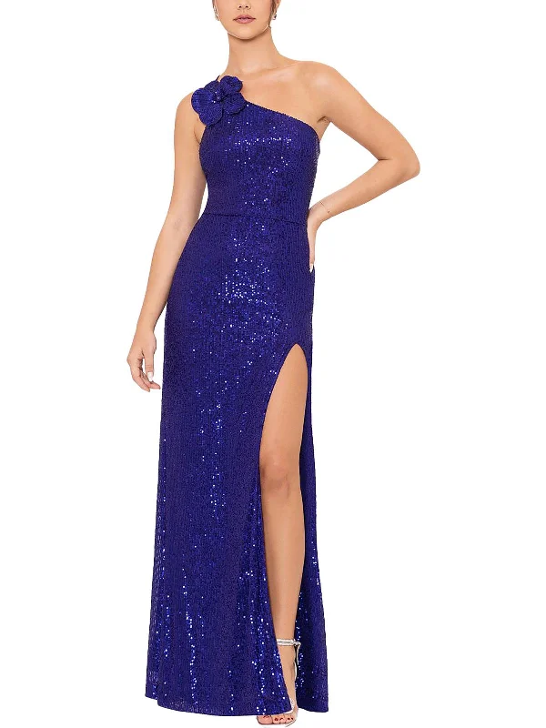 Juniors Womens One Shoulder Sequined Evening Dress