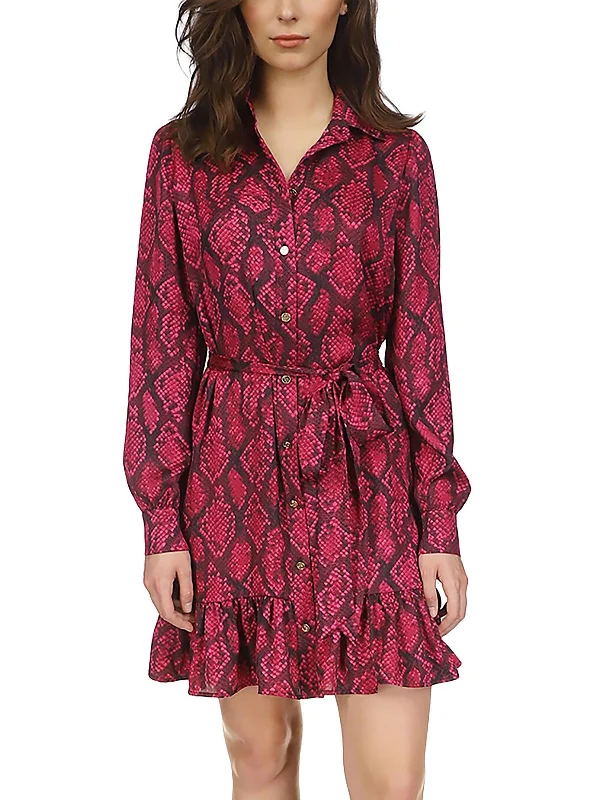 Womens Snake Print Tie Waist Shirtdress