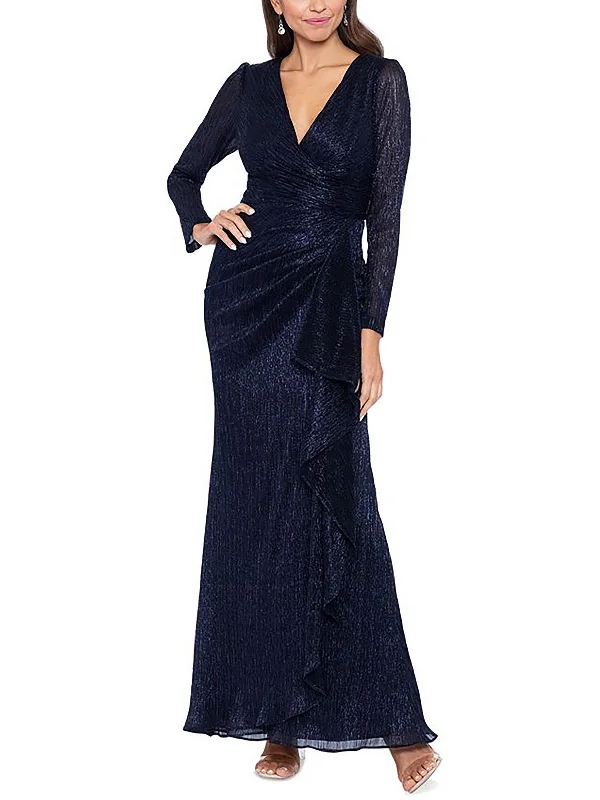 Womens Metallic Ruched Evening Dress