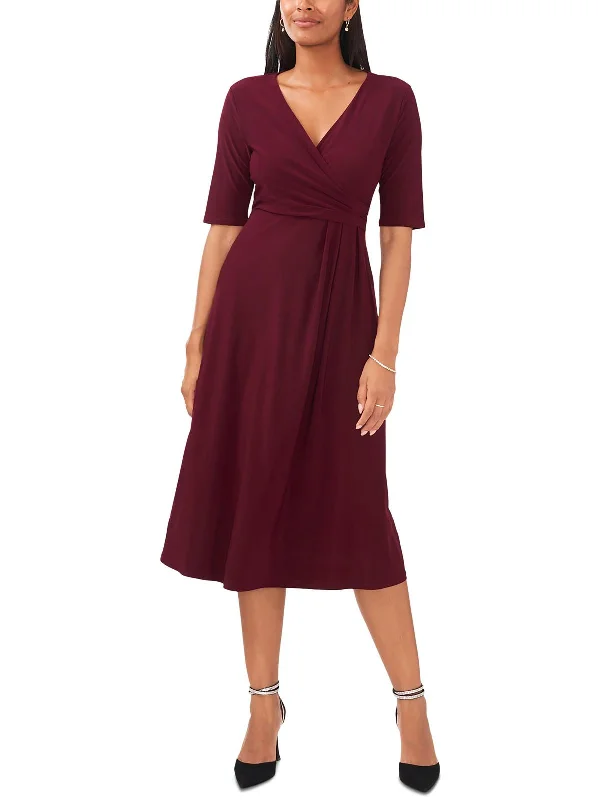 Petites Womens V-Neck Short Sleeve Midi Dress