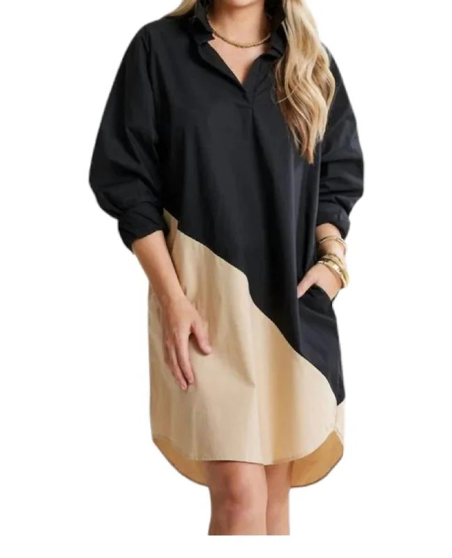 Preppy Asymmetrical Dress In Khaki/black