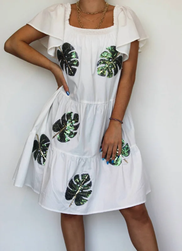 Sequin Palms Tiered Dress In White