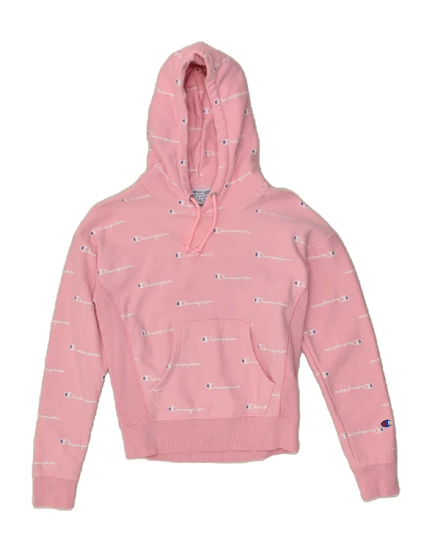 CHAMPION Womens Graphic Hoodie Jumper UK 6 XS Pink Cotton