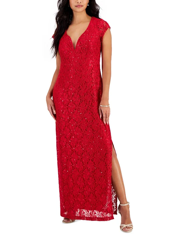 Petites Womens Lace Long Evening Dress