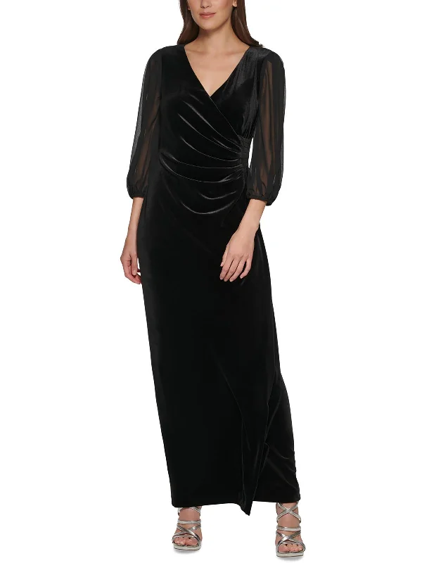 Womens Velvet Chiffon Sleeve Evening Dress