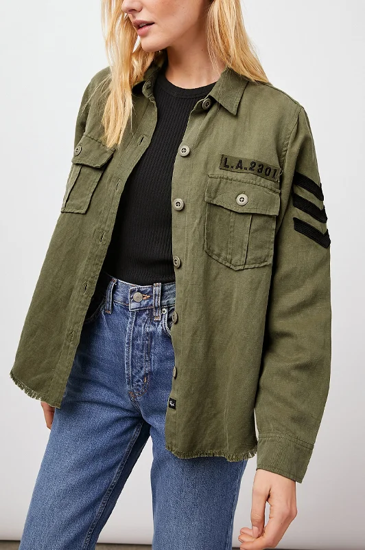 LOREN SHIRT JACKET - OLIVE BLACK MILITARY SATIN PATCHES