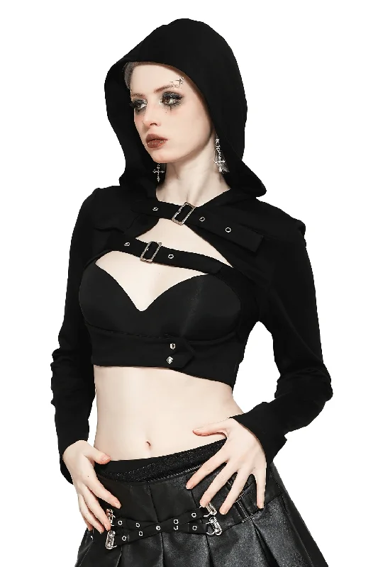 Black Strappy Hooded Crop Top with Buckle Accents