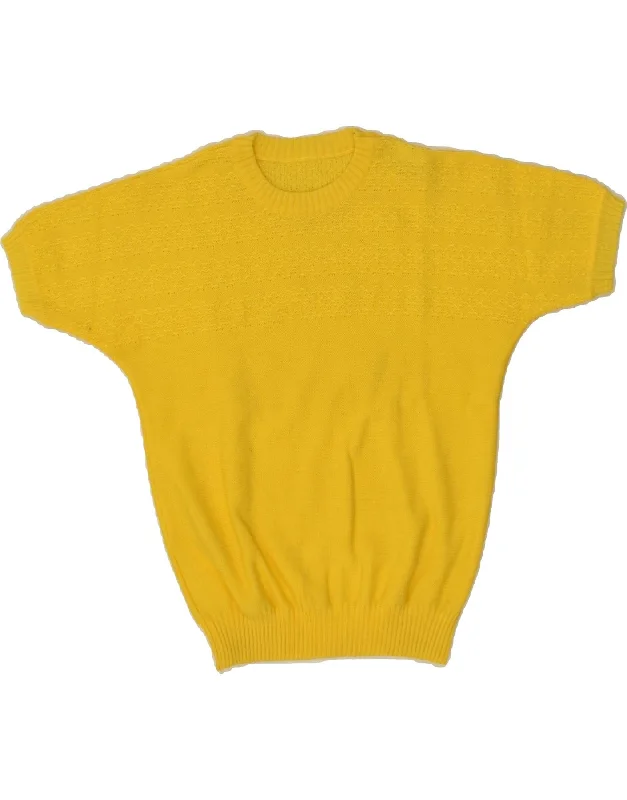 VINTAGE Womens Short Sleeve Crew Neck Jumper Sweater UK 12 Medium Yellow