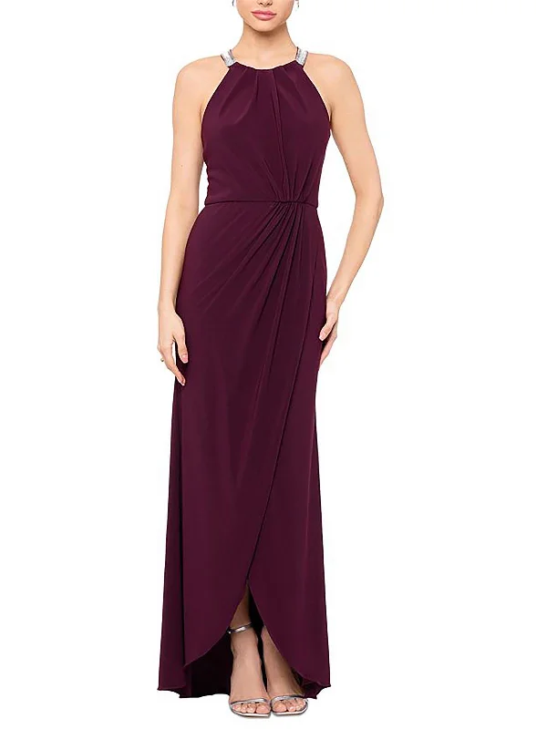 Womens Embellished Halter Evening Dress