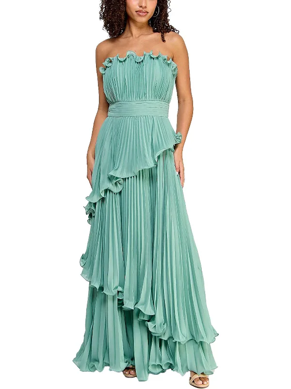 Juniors Womens Pleated Strapless Evening Dress