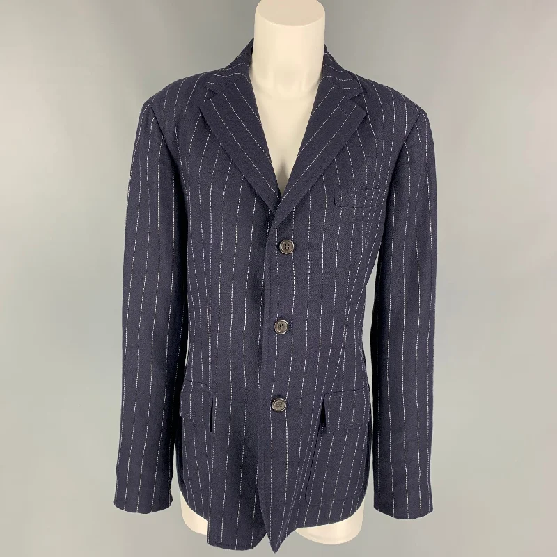 RALPH LAUREN Blue Label Size 12 Navy White Pinstripe Linen Blend Blazer