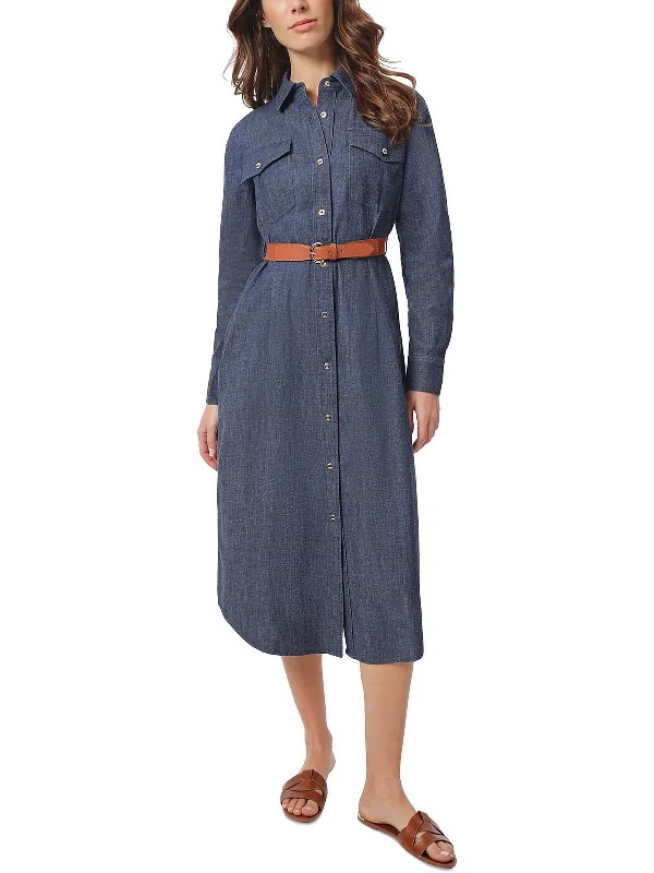 Petites Womens Collar Belted Shirtdress