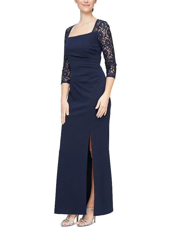 Womens Square Neck Lace Trim Evening Dress