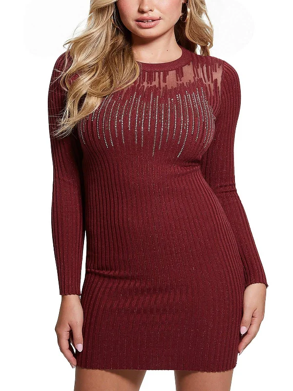 Womens Rhinestones Mesh Sweaterdress