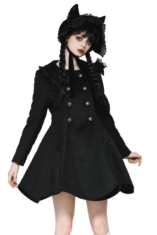 Ladies Black Victorian Style Buttoned Coat with Lace