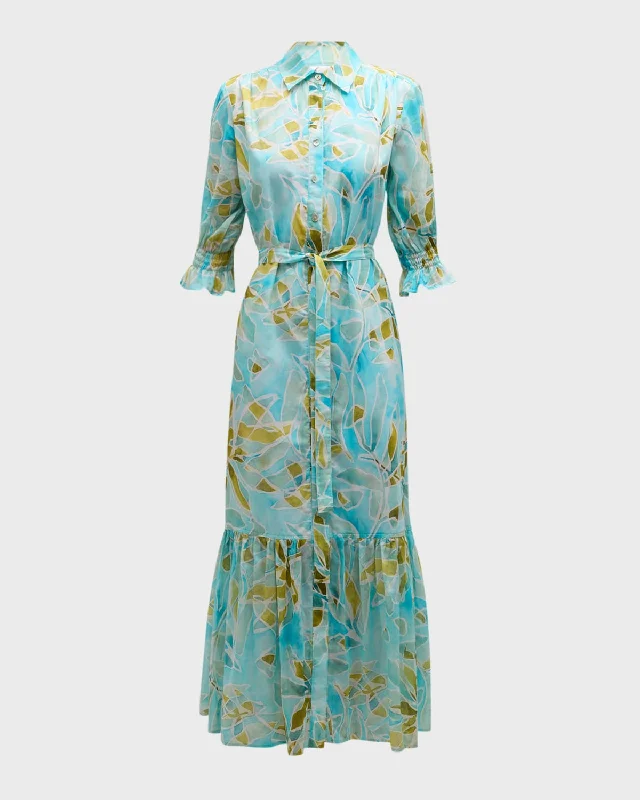 Sienna Seaweed-Print Flounce Midi Shirtdress