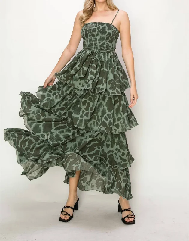 Leopard Sleeveless Tiered Maxi Dress In Green