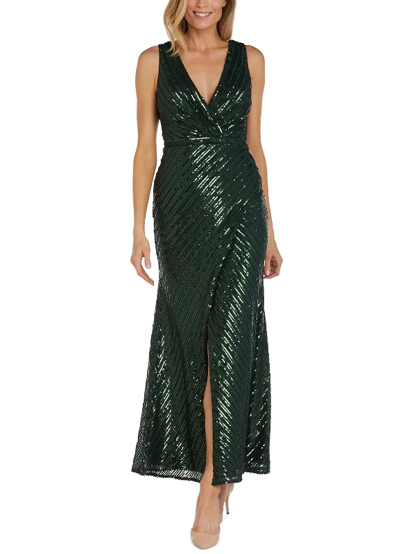 Womens Sequin Faux Wrap Evening Dress