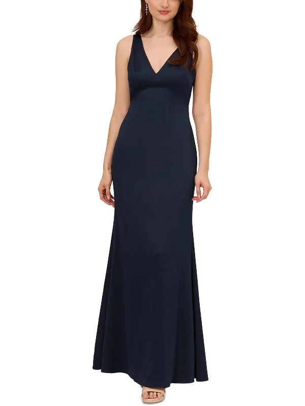 Womens Satin Crepe V-Neck Evening Dress