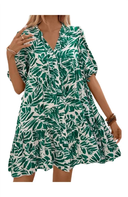 Vneck Leaf Print Dress In Green