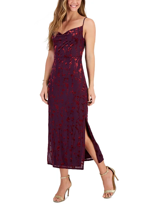 Womens Velvet Trim Long Cocktail And Party Dress