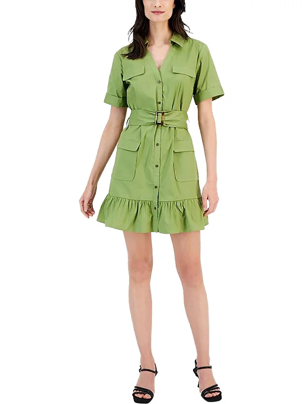 Womens Woven Ruffled Shirtdress