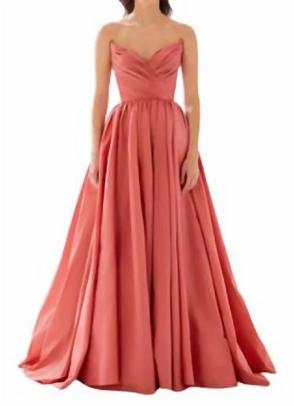 Pleated Taffeta Prom Gown In Salmon