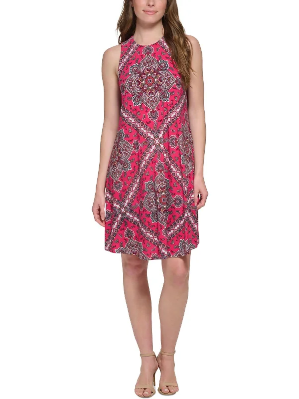 Petites Womens Round Neck Paisley Shift Dress