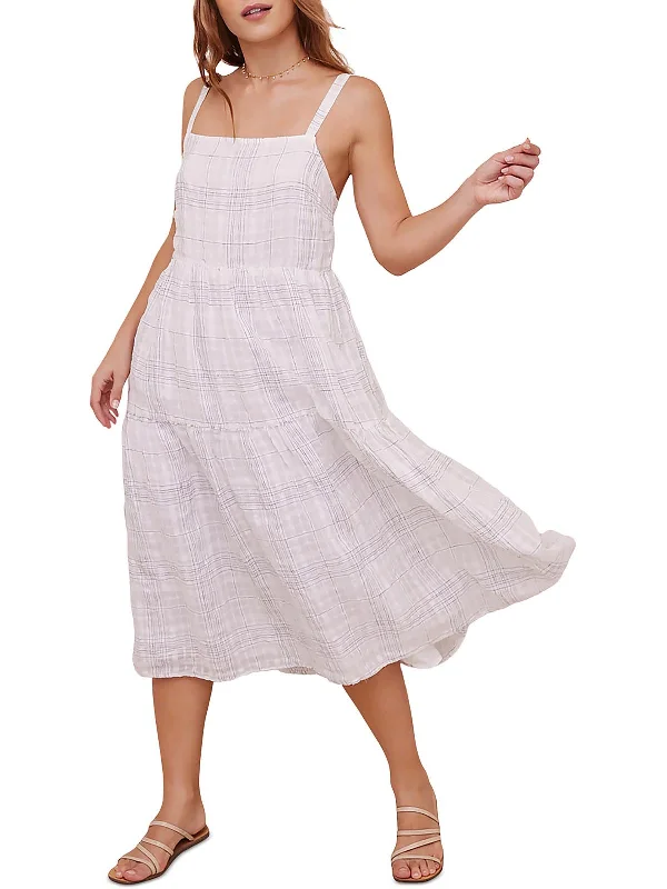 Womens Linen Tie Back Midi Dress