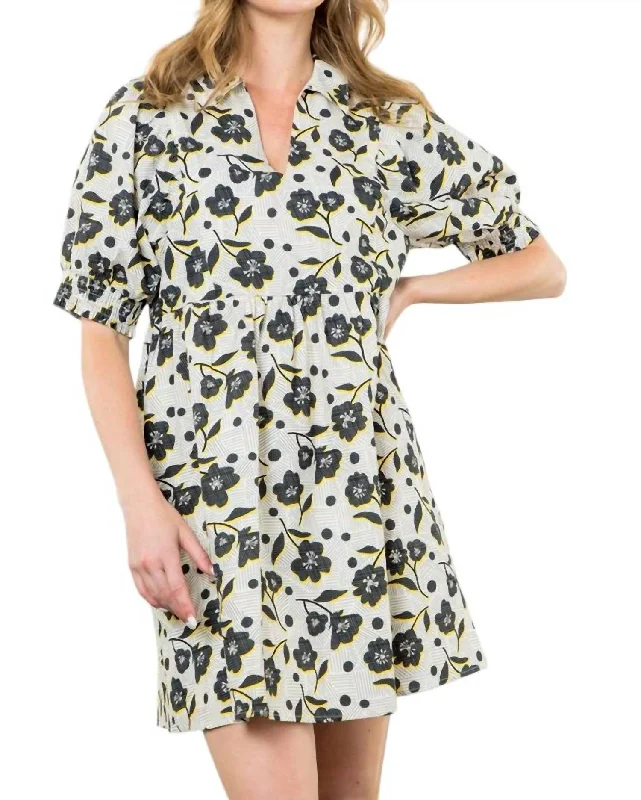 Puff Sleeve Flower Print Dress In White