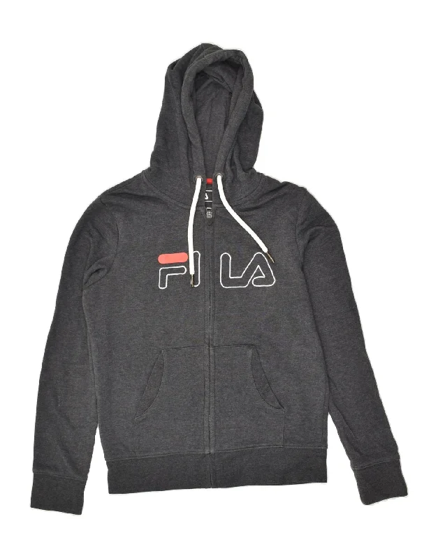 FILA Womens Graphic Zip Hoodie Sweater UK 12 Medium Grey Cotton