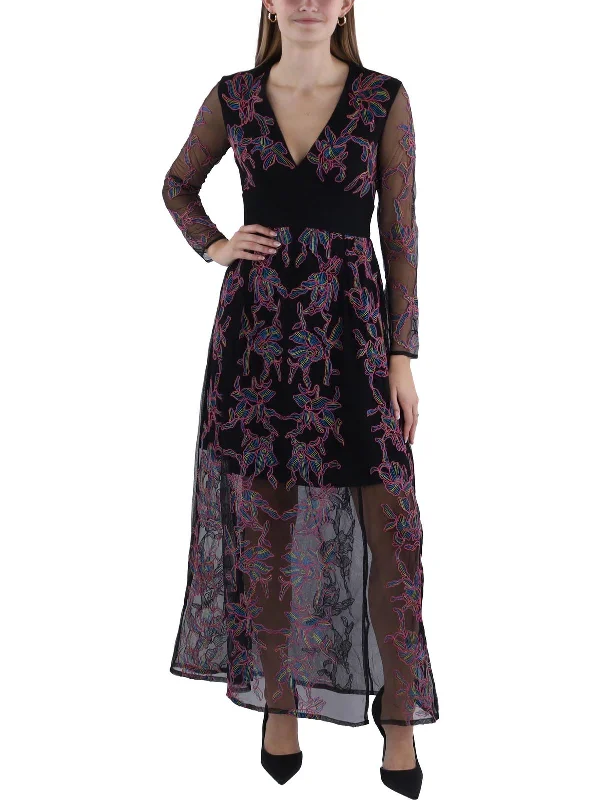 Emilia Womens V-Neck Embroidered Maxi Dress