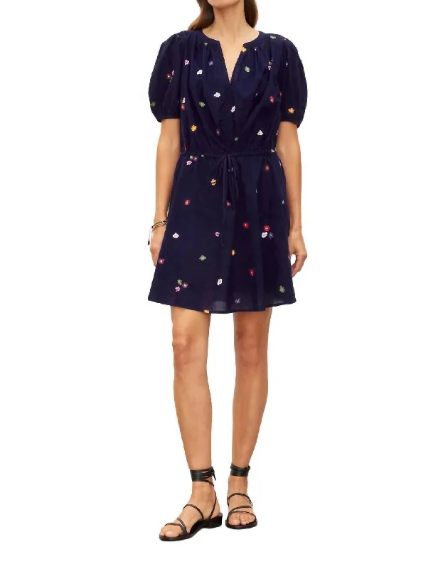 Cleo Embroidery Puff Sleeve Dress In Navy