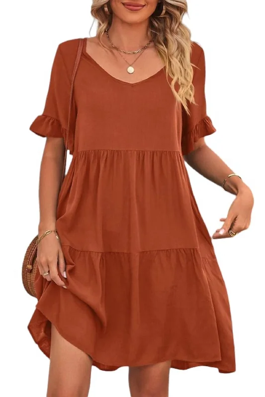 V-Neck Tiered Dress In Rust