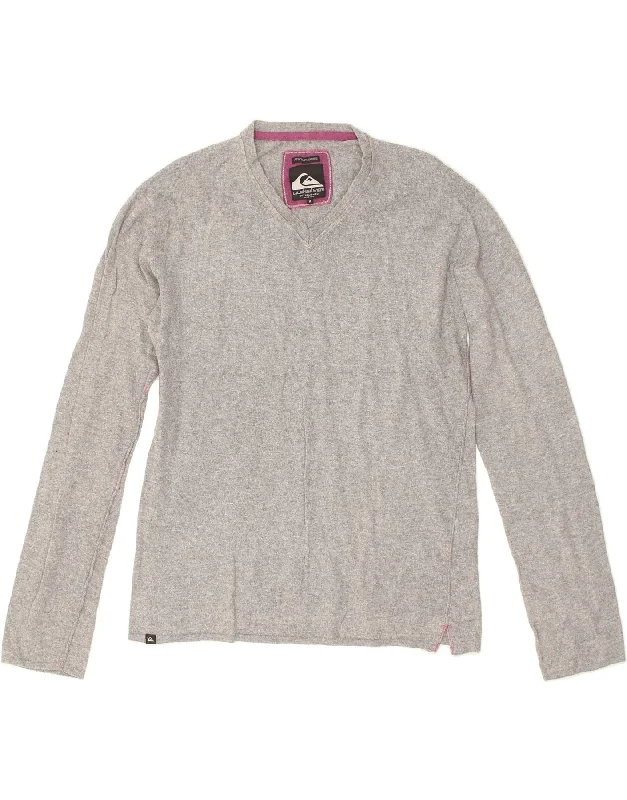 QUIKSILVER Womens V-Neck Jumper Sweater UK 12 Medium Grey Cotton