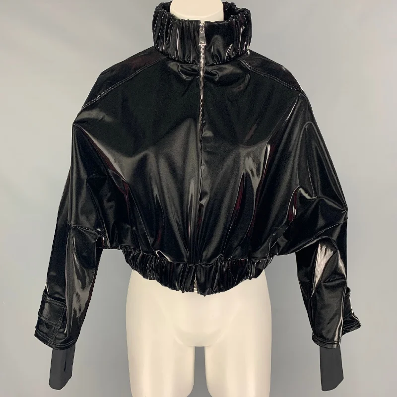 NYLORA Size L Black Solid Polyester Faux patent leather Cropped Jacket