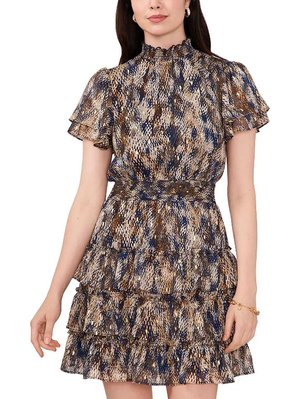 Womens Chiffon Smocked Fit & Flare Dress