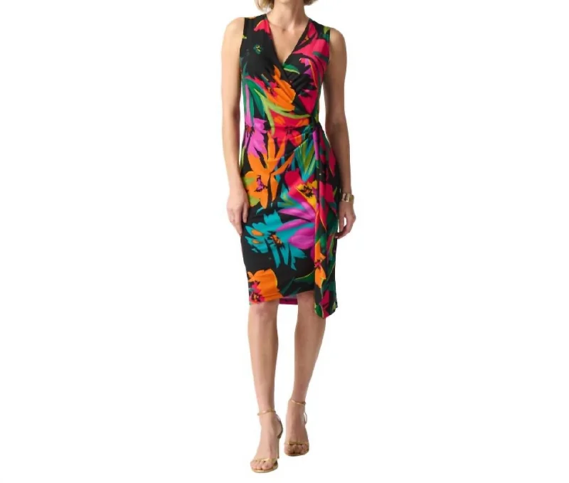 Tropical Print Silky Knit Wrap Dress In Black