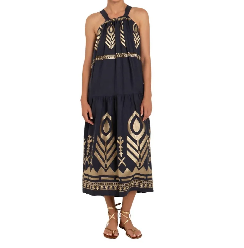 Halter Neck Long Dress In Black/gold