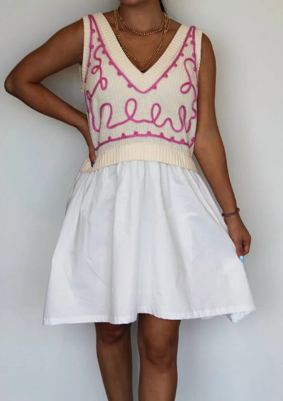 Embroidered Sleeveless Sweater Dress In White Multi