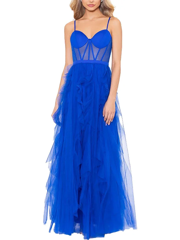 Juniors Womens Ruffled Illusion Evening Dress